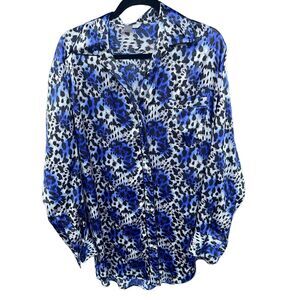 Victorias‎ Secret Sleep Shirt Womens Large Animal Print Button Up Satin Blue
